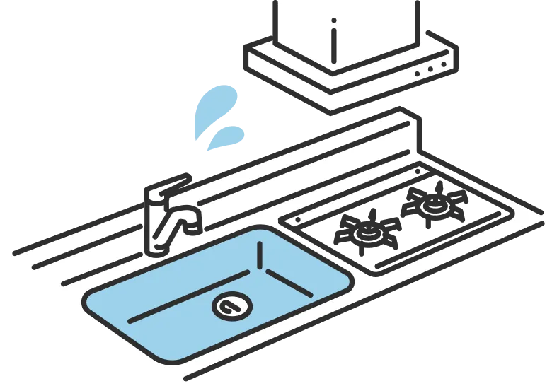 キッチンのシンクから水が漏れているイラスト